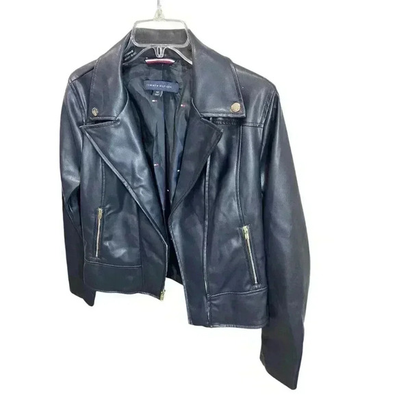 Tommy Hilfiger Women's Small Faux-Leather Moto Biker Jacket Dark Blue - Picture 2 of 4